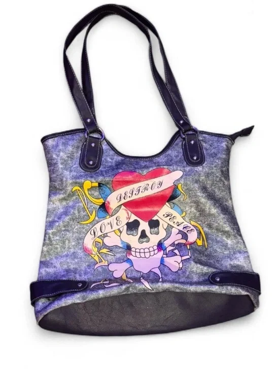 Ed Hardy Purple Graphic Skull Heart Tote - Picture 1 of 1